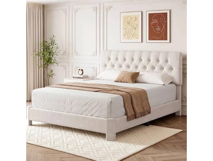 Vipbear Polsterbett 160x200cm Doppelbett, Einfache Montage, Bett 160x200 Samt Plattform Bettgestell, Verstellbare Kopfplatte, Massivholzlatten, Lärmfrei, Keine Boxfeder erforderlich, Beige