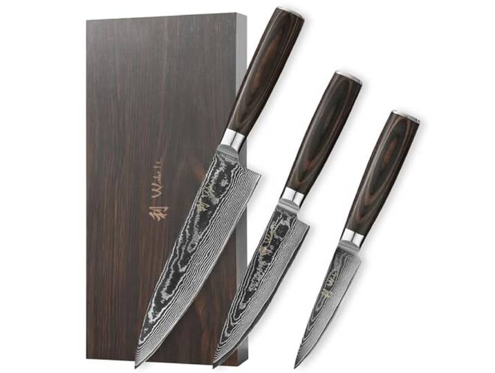 Wakoli 3er Damastmesser-Set mit VG10-Stahlkern und Pakkaholzgriffen EDIB Essentials: Küchenmesserset aus 67 Lagen Damaststahl mit 2 Chefmessern und Officemesser, in einer Holzgeschenkbox.