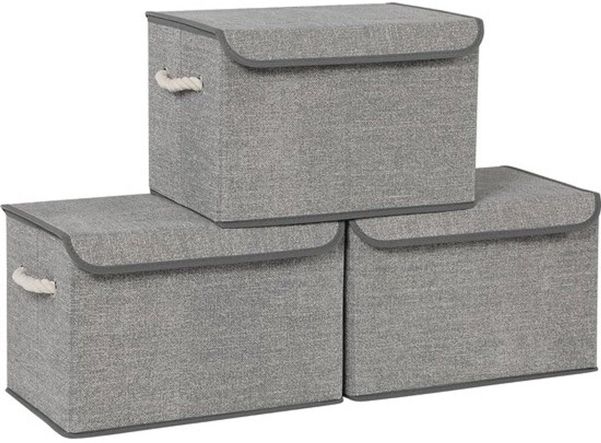 Set van 3 grijze stoffen opbergdozen met deksel en handgrepen