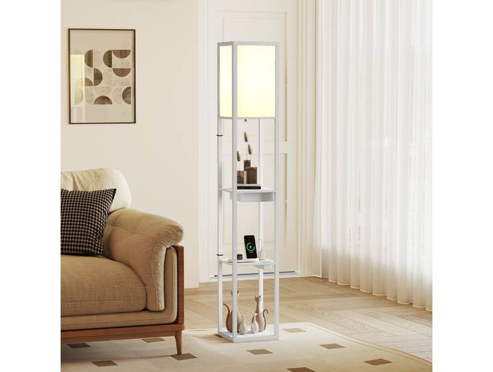 HOMCOM Lampadaire Étagère 3 Niveaux MDF Blanc Ports USB