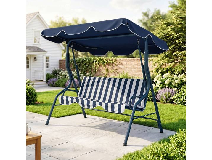 Outsunny Balancelle 3 Places Toit Réglable Coussins Bleu Blanc