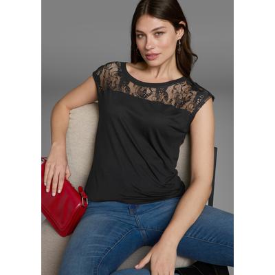 Rundhalsshirt AJC, Damen, Gr. 40/42 (M), schwarz, Single Jersey, Obermaterial: 100% Viskose. Spitze: 100% Polyester, unifarben, figurbetont hüftlang, Rundhals, Shirts Rundhalsshirt, Kurzarm, figurbetont, unifarben, Rundhals, aus Single Jersey