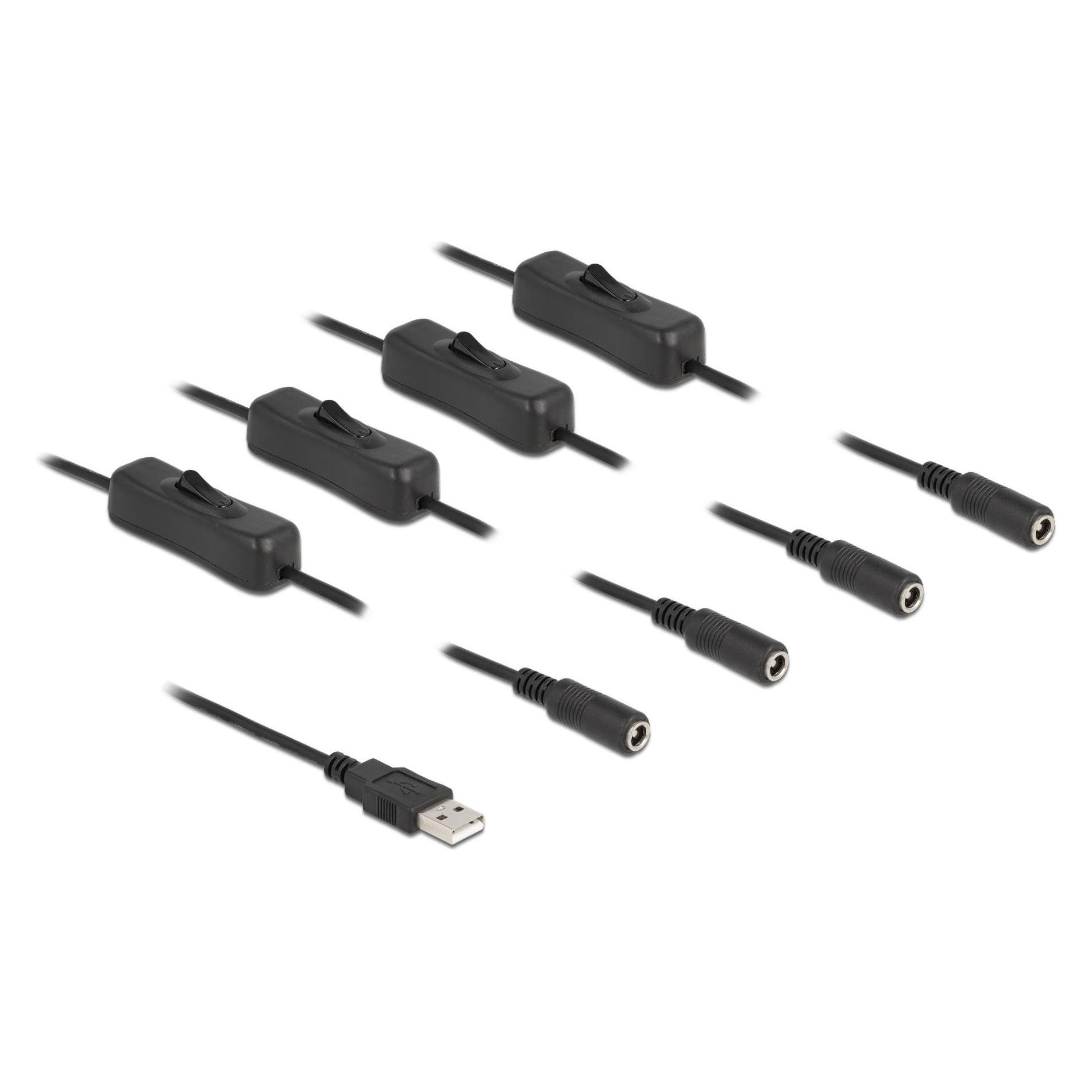 Delock Kabel USB Typ-A Stecker zu 4 x DC 5,5 x 2,1 mm Buchse mit Schalter 1 m (1 m, USB-A) (86799)