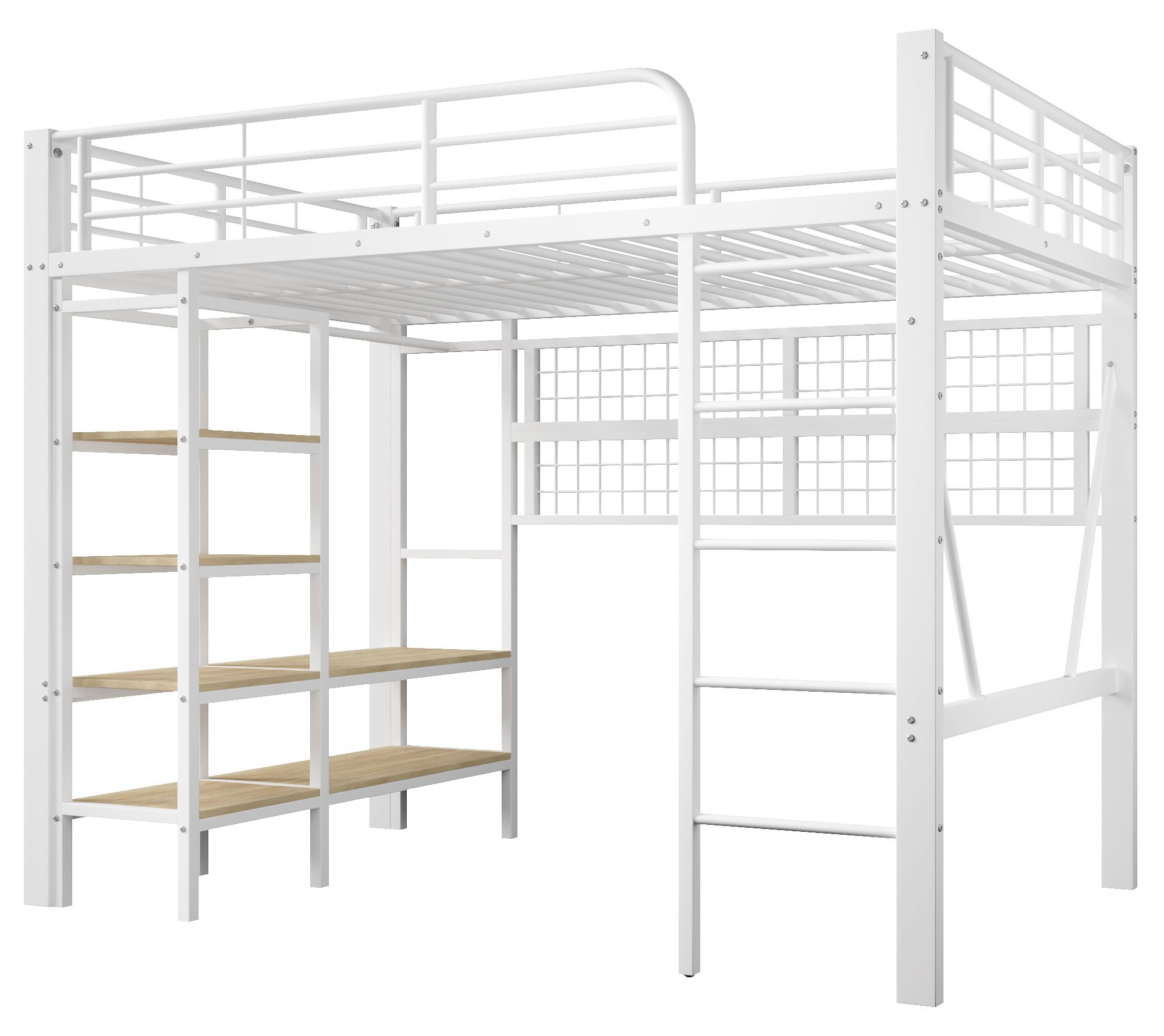 Hochbett - 90 x 200 cm - L-förmiger Schreibtisch - LED-Beleuchtung - Ladestation - Ablageregale - Stoffschubladen