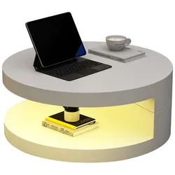 OKWISH Zylindrischer Couchtisch 70x70x35 cm drehbare Tischplatte LED Licht zweischichtig platzsparend Wohnzimmer modern Weiß