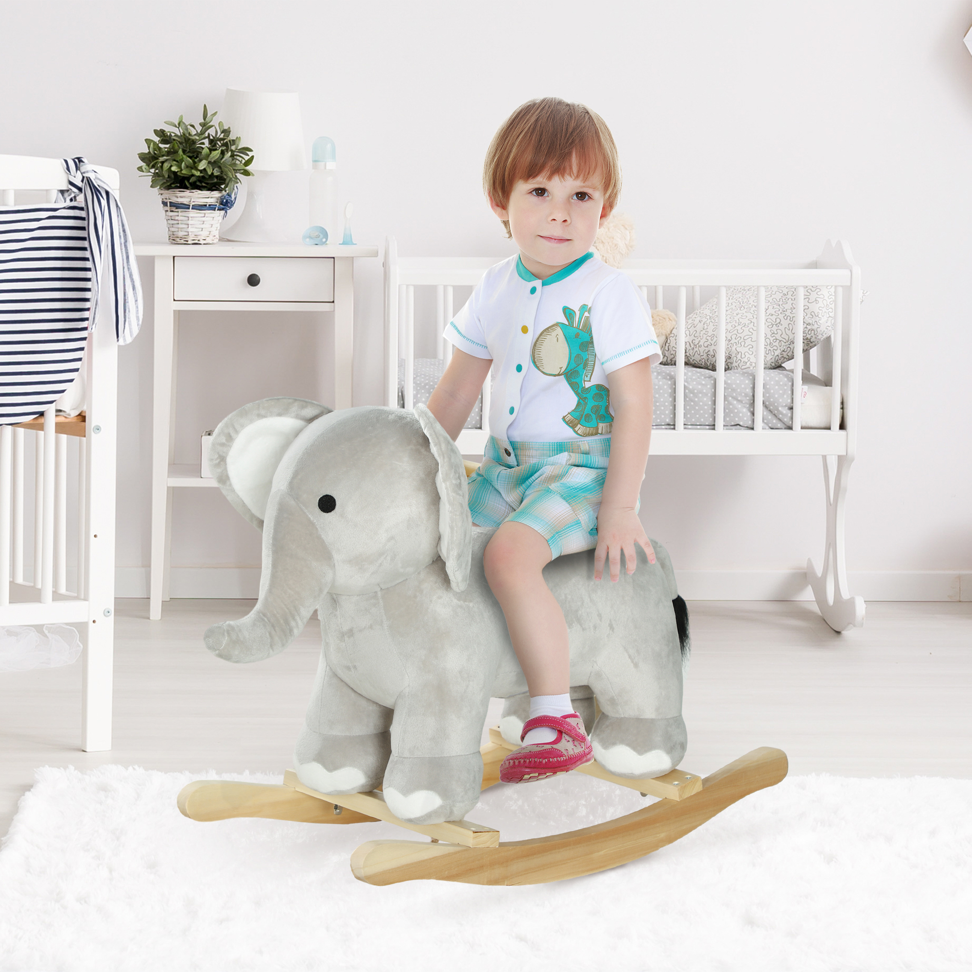 Aiyaplay Cavallo a Dondolo per Bambini 2-4 Anni a Forma di Elefante con Suoni e Rivestimento Morbido, Grigio