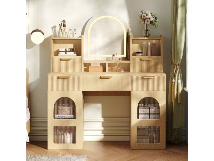 Coiffeuse couleur bois miroir LED rangement Bois 120x40x139.5cm