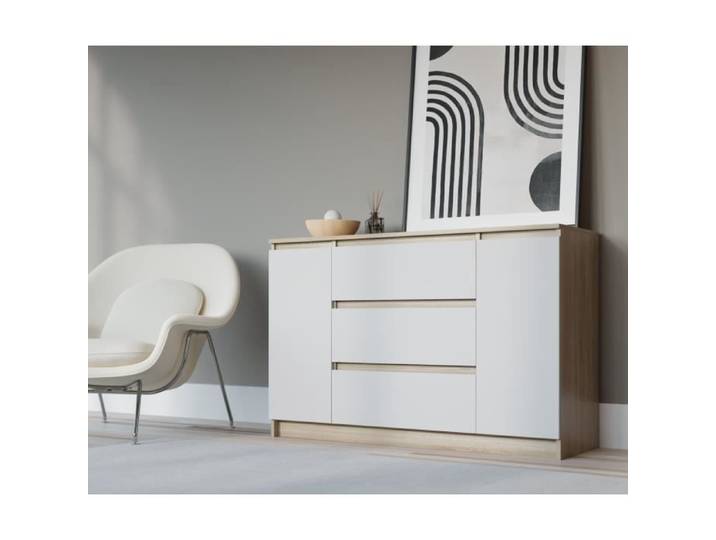 Demi 2D3S Commode Couleur: Sonoma - Blanc D: L: 120cm P 39 cm H: 78 cm avec deux portes et trois tiroirs