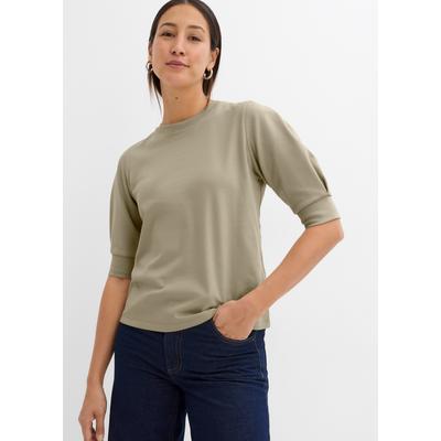 T-Shirt BONPRIX, Damen, Gr. 44/46 (L), rauchkhaki, Jersey, Obermaterial: 100% Baumwolle, unifarben, oversize hüftbedeckend, Rundhals, angesetztes Bündchen, Shirts T-Shirt, Oversize-Passform, dezente Puffärmel, Halbarm, aus reiner Baumwolle