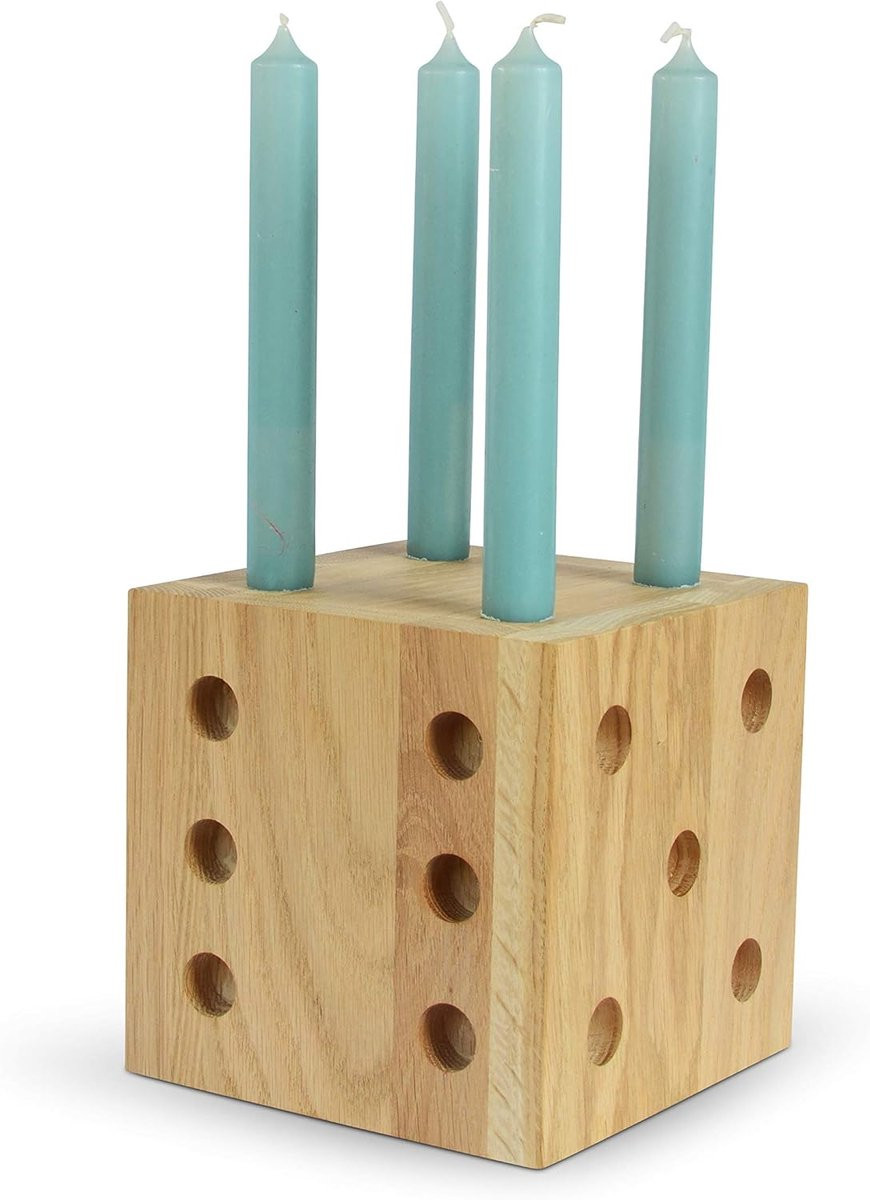 Houten Kandelaar Kubus van Eikenhout - Uniek Dobbelsteen Design