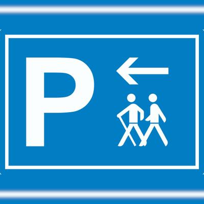 HB-Druck Wanderer Parkplatz mit Richtungspfeil links Aufkleber waagerecht A9 (37x52mm)