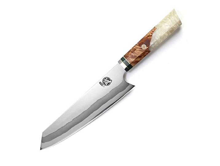 MITSUMOTO SAKARI 21 cm Kiritsuke Küchenmesser, Handgeschmiedetes Kochmesser 7 Lagen 440C Damast Fleischmesser, Profi Japanisches Kochmesser, Weißer Granatapfelgriff und Boutique-Holzkiste