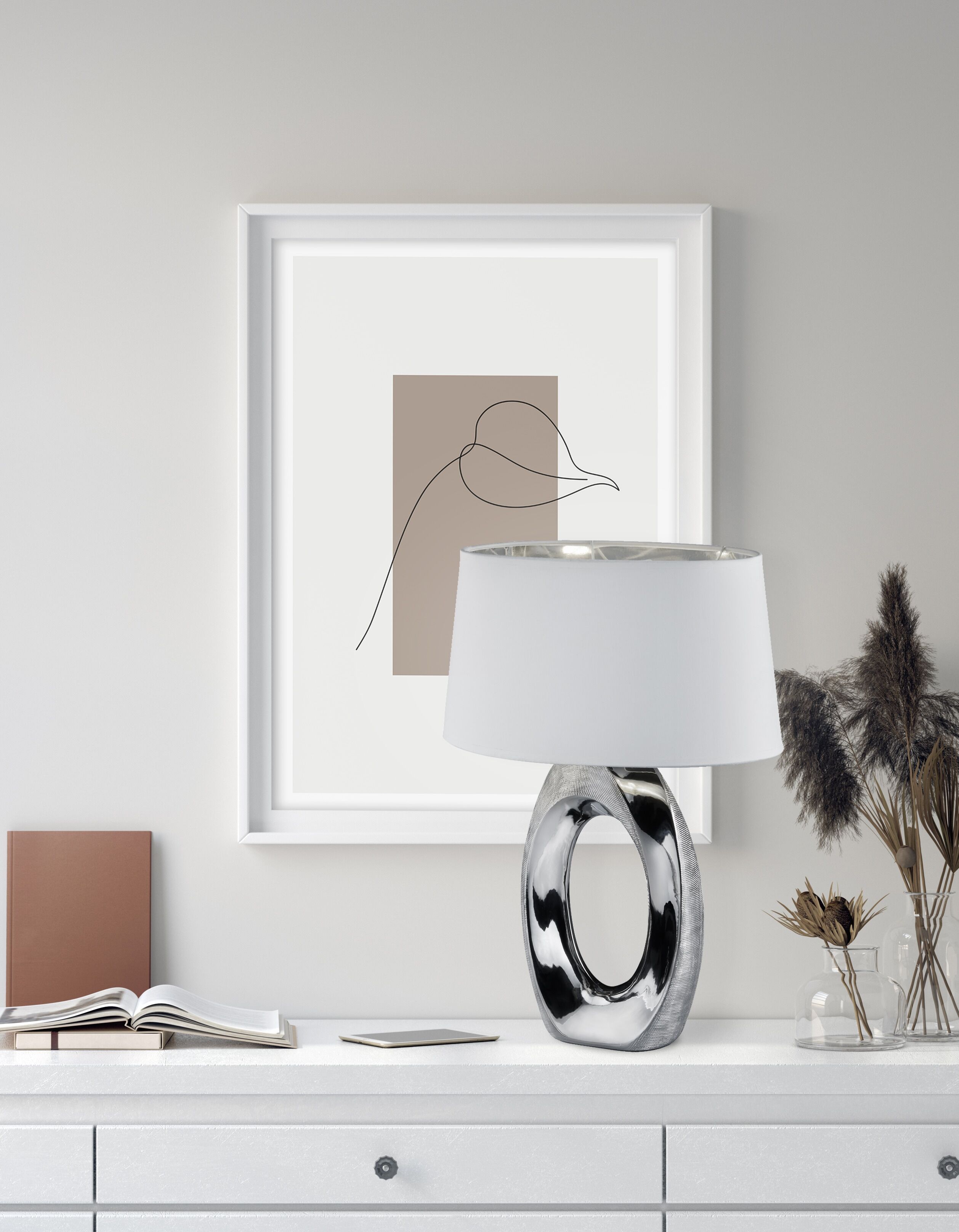 REALITY LEUCHTEN Schreibtischlampe "Taba", silber (silberfarben), 1, H: 52cm, 1 Stk., Leuchten, E27 Tischleuchte mit Keramikfuß und weiß-silberfarbigem Stoffschirm, Schreibtischlampe