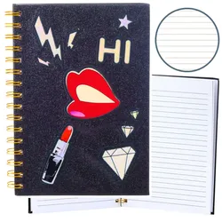 Notizbuch liniert Notizheft Patches Lippen Lippenstift Glitzer Schwarz A5 80 Blatt