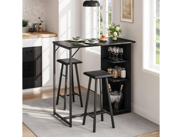 Ensemble Table Haute de Bar et Chaises - GARVEE - Avec 3 étagères ouvertes pratiques – Noir