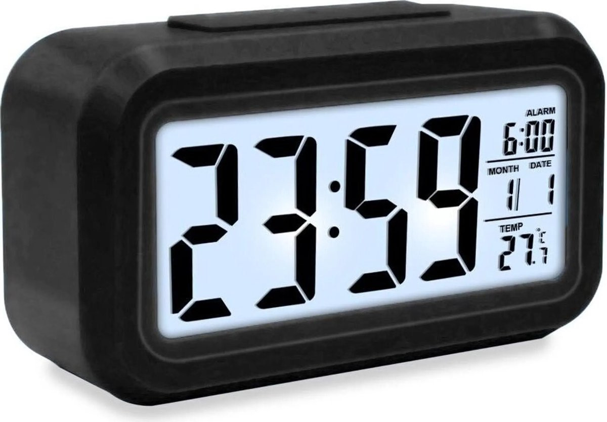 Multifunctionele digitale mini-wekker met glow-in-the-dark effect, zwart