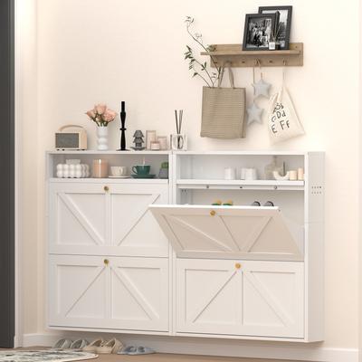 Metal Shoe Cabinet With 2 Flip Drawers, Wall Mounted Shoe Organizer, Narrow Slim Hidden Shoe Rack