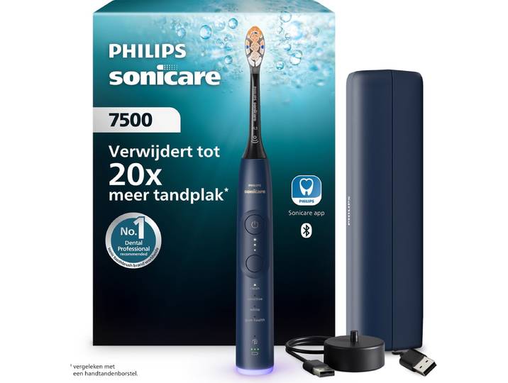 Philips Sonicare 7500 Series Elektrische Tandenborstel - Gezonder Tandvlees\, Poetsdruksensor\, 12 Poetsinstellingen\, Sonicare App & Oplaadreisetui - Donkerblauw (Navy Blue) - HX7423/10