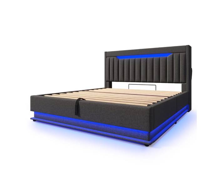 Lit coffre 140x200 avec éclairage led, rangement, port usb, gris
