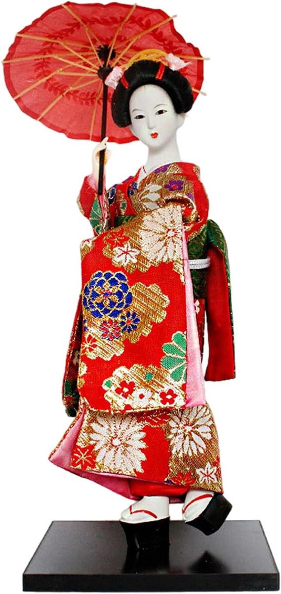 Handgemaakte Japanse Geisha pop - Rood verzamelobject voor huisdecoratie - Hoogte: 30 cm