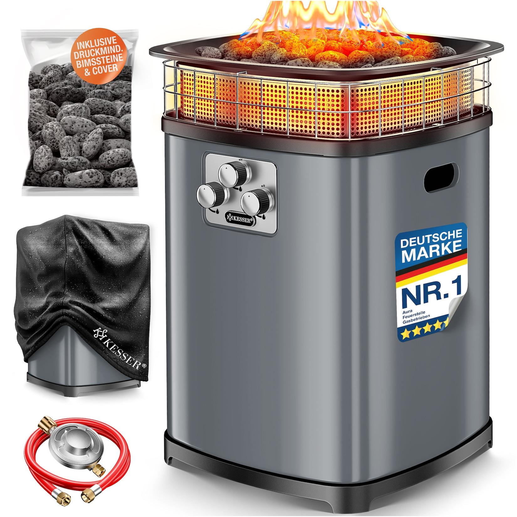 KESSER® Gas-Feuerstelle Aura, 18 kW Heizer, Outdoor, 360° Wärmeverteilung, Terrassenfeuer für Garten, Terrasse & Balkon, bis 120 m², Bimssteine, Schutzcover, Deckel, 6 Std. Brenndauer, IP54