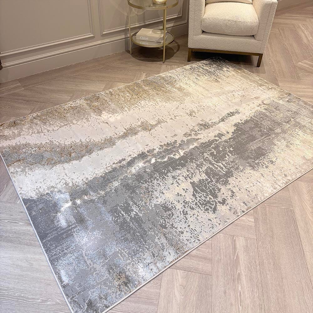 Zorina Grey, Cream & Gold Metallic Marble Velvet Rug, 120x170cm