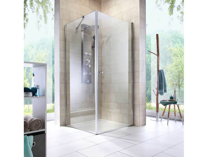 Eckdusche WELLTIME Florenz 2.1 , grau (chromfarben), B:90cm H:190cm T:90cm, Duschkabinen, Eckdusche, Hebe-Senk-Mechanismus, barrierefrei einbaubar, mit Drehtüren