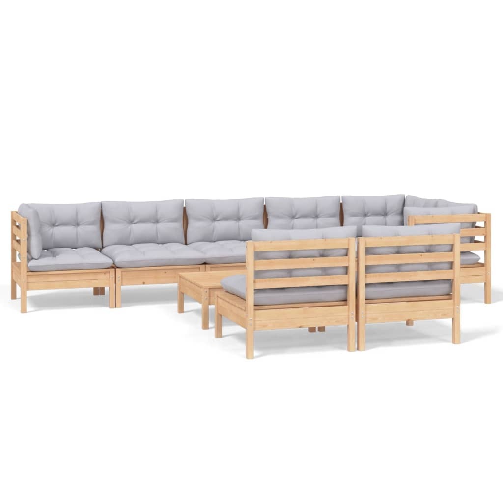 Garten Lounge Set 9-tlg., modular, Kiefer Massivholz, mit grauen Polyester Kissen, für Terrasse & Outdoor, 3x Ecksofa, 5x Mittelsofa, 1x Hocker/Tisch
