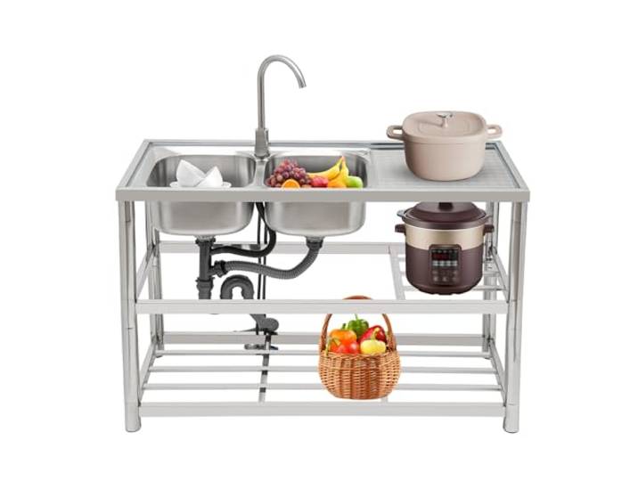 Edelstahl Spültisch, Spüle mit Unterschrank, Spülbecken Silber, 2 Becken Edelstahl Küchenspüle, Spüle mit Wasserhahn, Abflussrohre & Wasserzulaufrohre Wasserhahn für Küche