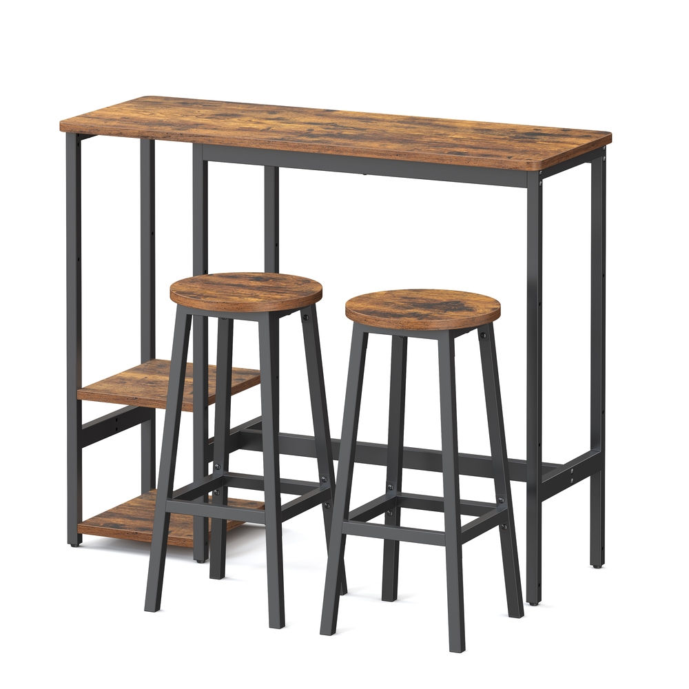 VASAGLE Bartisch-Set mit Regal, Essgruppe mit 2 Hockern, Metallgestell LBTB35220KD01