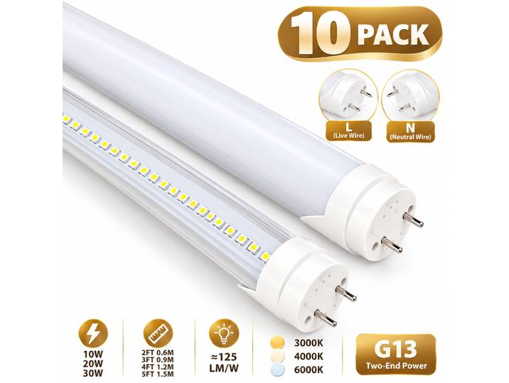 10 pièces/lot, 2FT-5FT, 10W-30W, ampoule LED, tube lumineux, luminaire simple, tube lumineux pour plafond, tube LED T8 pour entrepôt