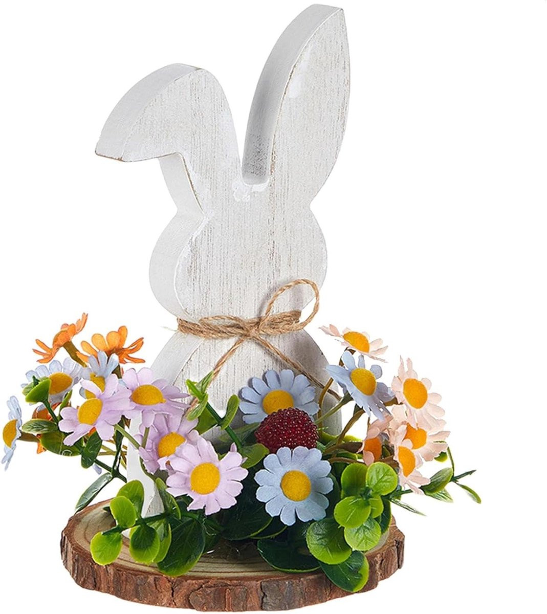 Paashaas Beeldje met Houten Sokkel voor Feestelijke Decoratie, Hoogte: 19 cm