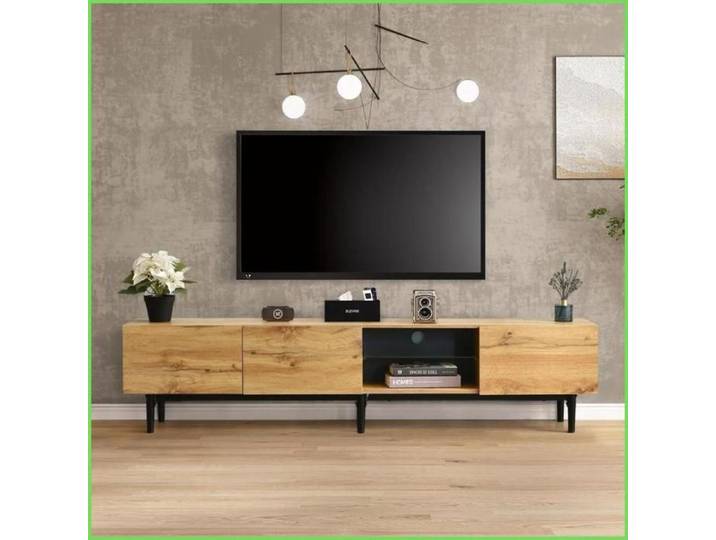 Meuble TV Moderne avec Grain de Bois - 7 Modes LED Variables - 175x31x41 cm - Chêne Clair