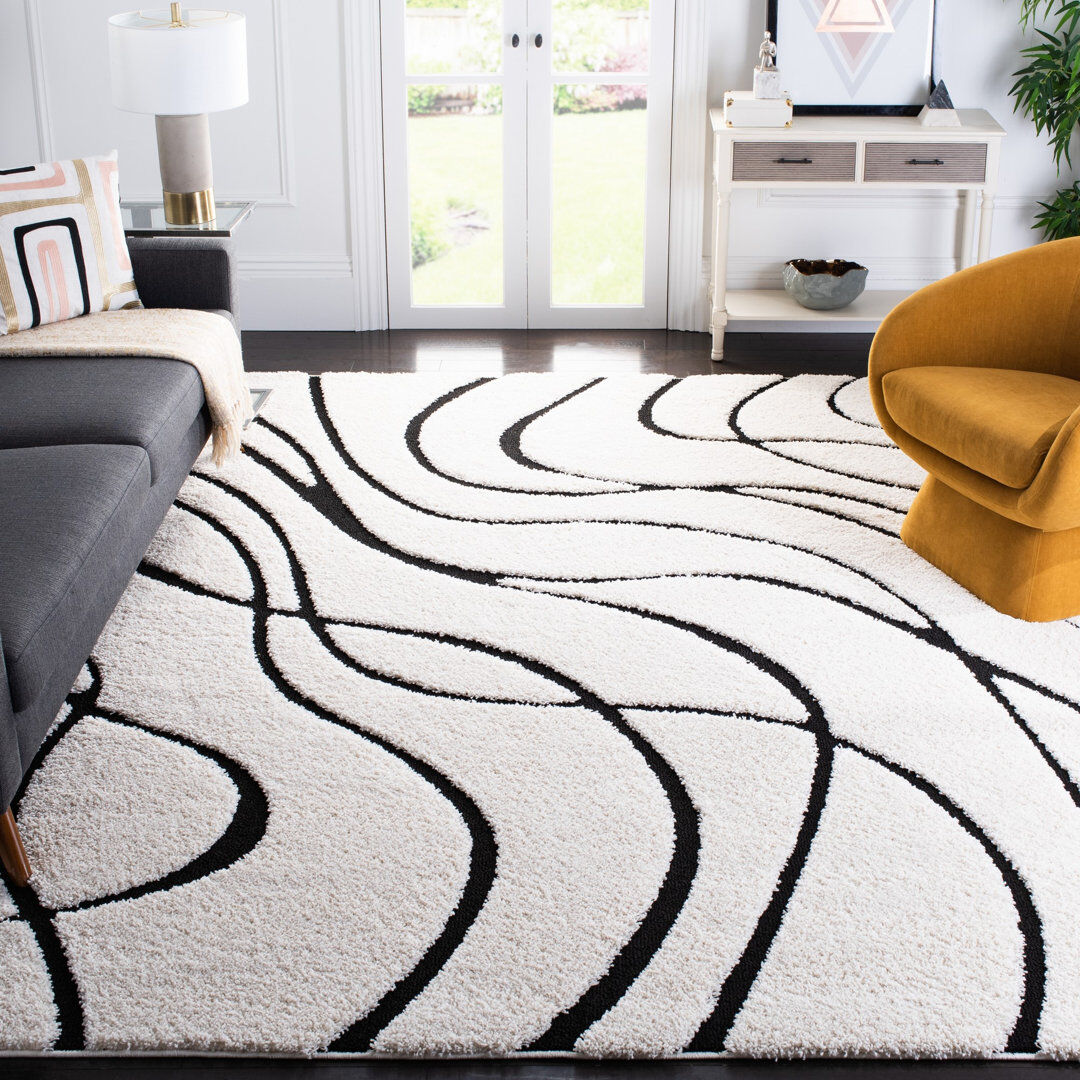 Blue Elephant Florida Abstract Shag Area Rug Ivory/Black Rectangle 183 x 274 cm