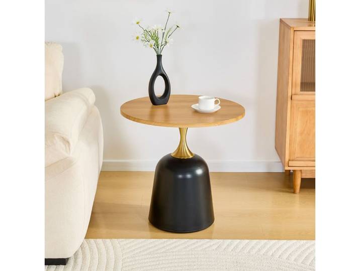 Table basse ronde 60 cm en mélamine aspect bois avec structure métal style nordique moderne