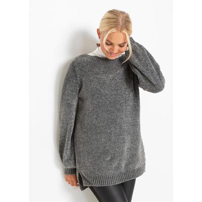 Longpullover BONPRIX "Chenille-Longpullover", Damen, Gr. 44/46 (L), grau (anthrazit), Strick, Obermaterial: 100% Polyester, bequem Po-bedeckend, U-Boot-Ausschnitt, weit Strickbund, Pullover Longpullover, aus Chenille, mit breitem U-Boot-Ausschnitt,...