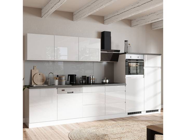 Lomadox Küchenzeile MARSEILLE-03, Fronten Hochglanz weiß, Arbeitsplatte Betonoptik, 360cm, ohne E-Geräte