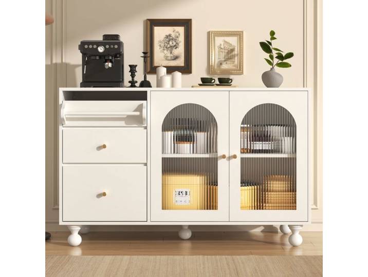 Buffet de cuisine moderne -SEYAKANY - avec espace de rangement -Porte en verre Changhong-140x 40x 89 cm Blanc