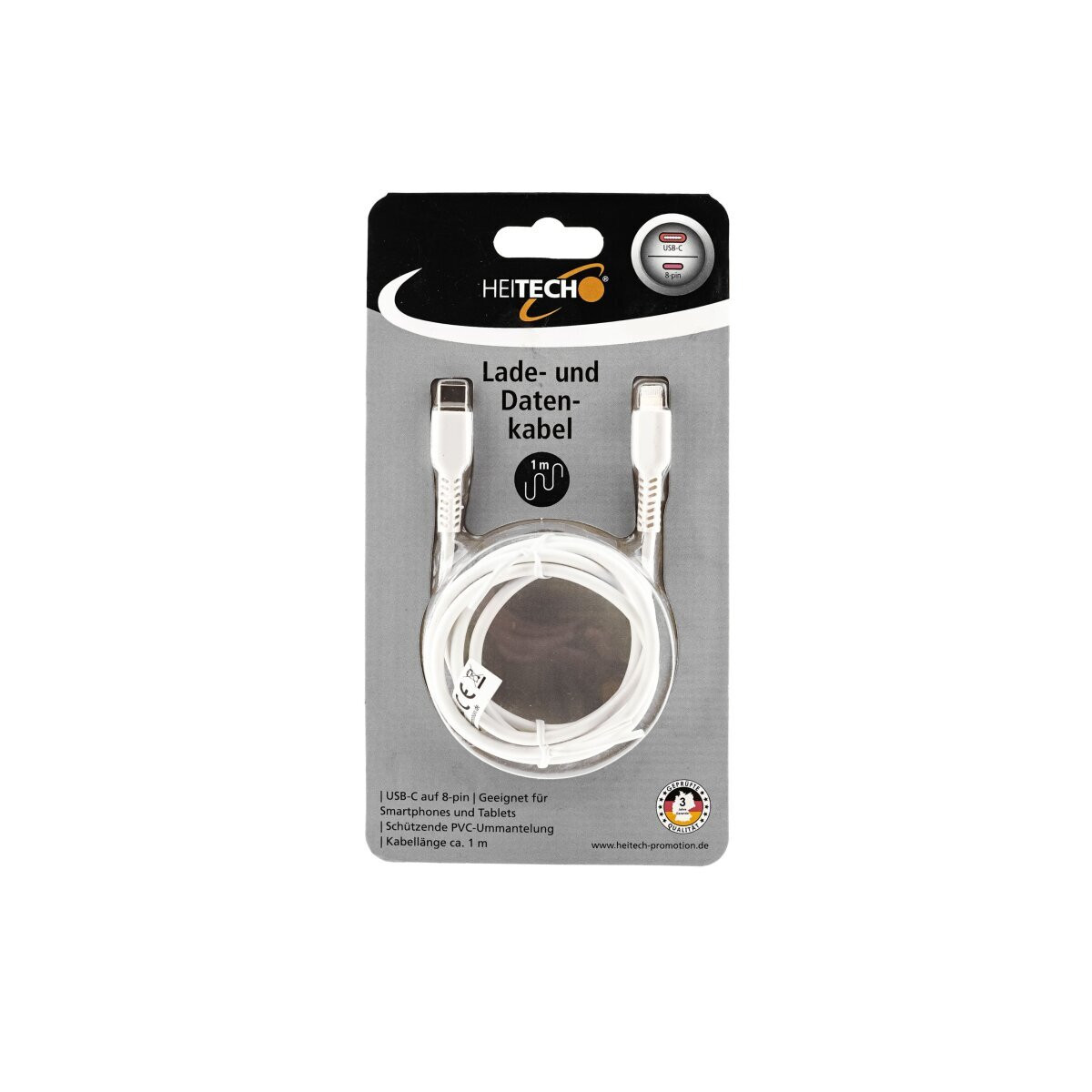HEITECH USB-C naar 8-pins oplaadkabel, 1 meter, wit