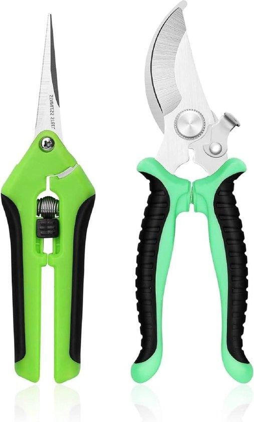 Set van 2 ergonomische bypass tuinscharen voor nauwkeurige sneden, groen