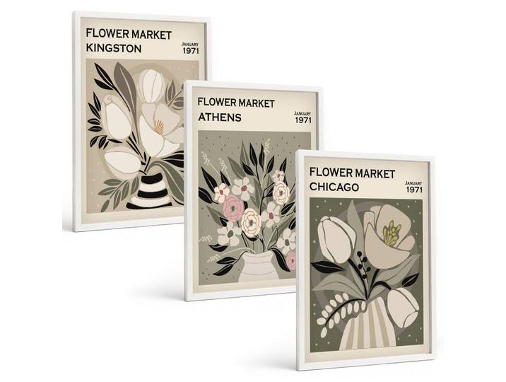 Tulup Bilder SET 3er Set - 40x60 cm Weißer Rahmen - Retro-Blumenarrangements, Kunststoff, Rechteckig, 40x60 cm, Fotografie, Bilder & Rahmen, Bilder