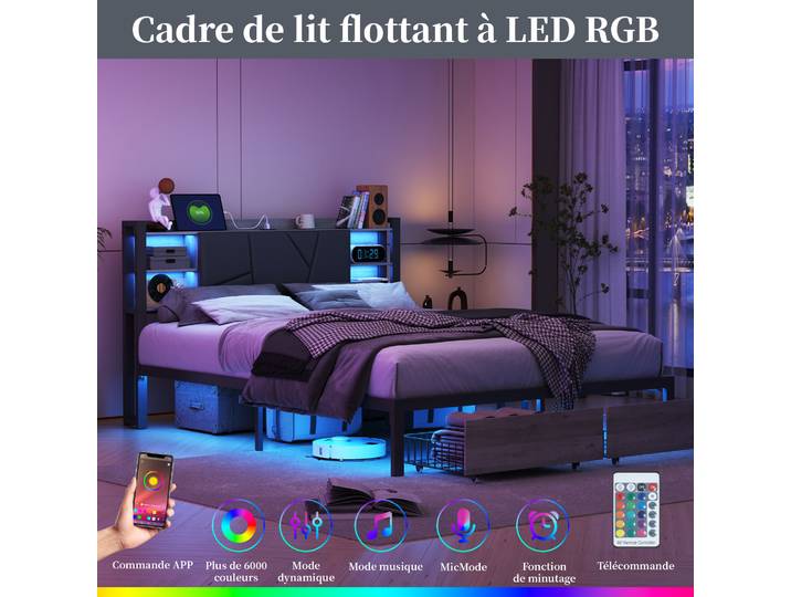 Rosahqnda – cadre de lit Double rembourré 140-160-180x200cm, avec 2 tiroirs, lit de rangement pour jeunes, lit d'appartement, lit en fer, PU