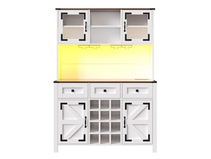 Buffet De Cuisine Armoire cuisine haute blanche 4 portes 3 tiroirs LED USB prises électriques 120x40x170 cm rangement