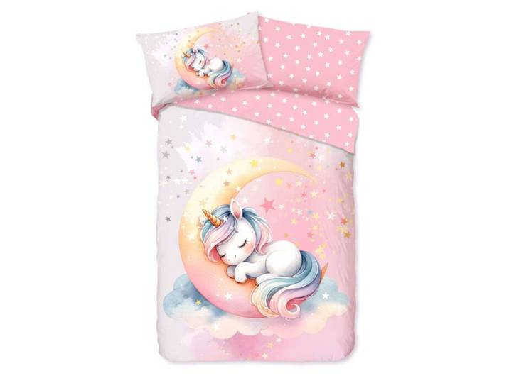Bettwäsche mit Einhorn auf Mondsichel