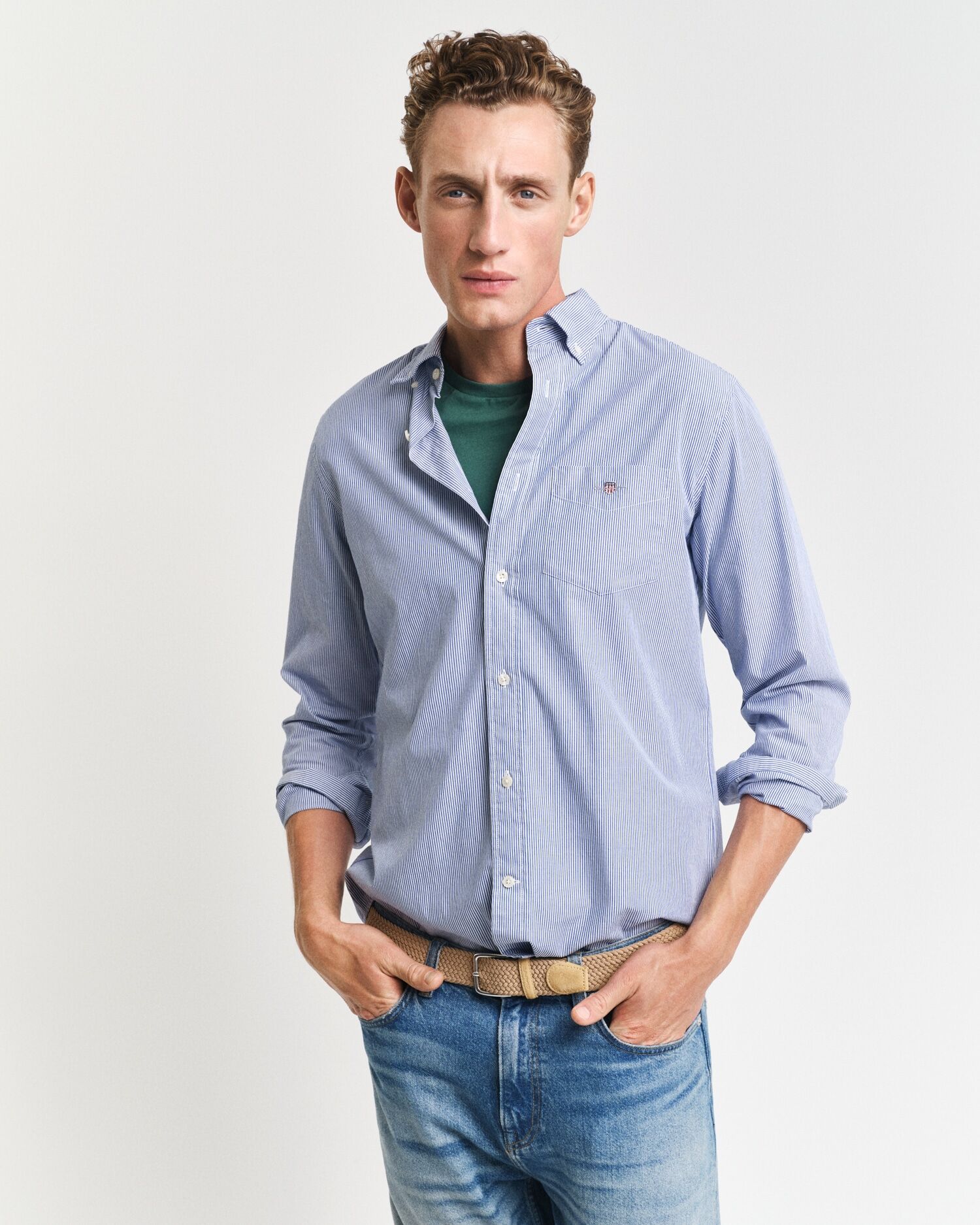 Langarmhemd GANT "REG POPLIN BANKER SHIRT", Herren, Gr. XL, N-Gr, blau (college blau), Web, Obermaterial: 100% Baumwolle, Hemden Langarmhemd, Banker Stripe Popeline, leichte Baumwolle college blau XL, N-Gr