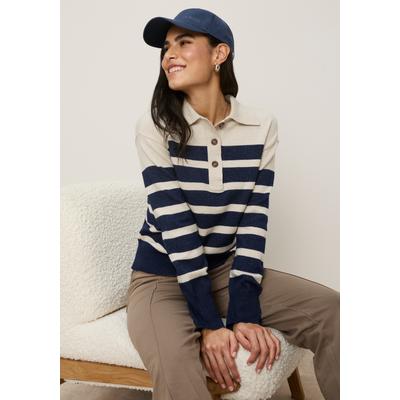 Polokragenpullover TAMARIS "mit Polokragen, in elastischer Strickqualität", Damen, Gr. 32/34, beige (beige, marine gestreift), Strick, Obermaterial: 50% Viskose, 28% Polyester, 22% Polyamid, gestreift, figurumspielend hüftbedeckend, Bündchen,...