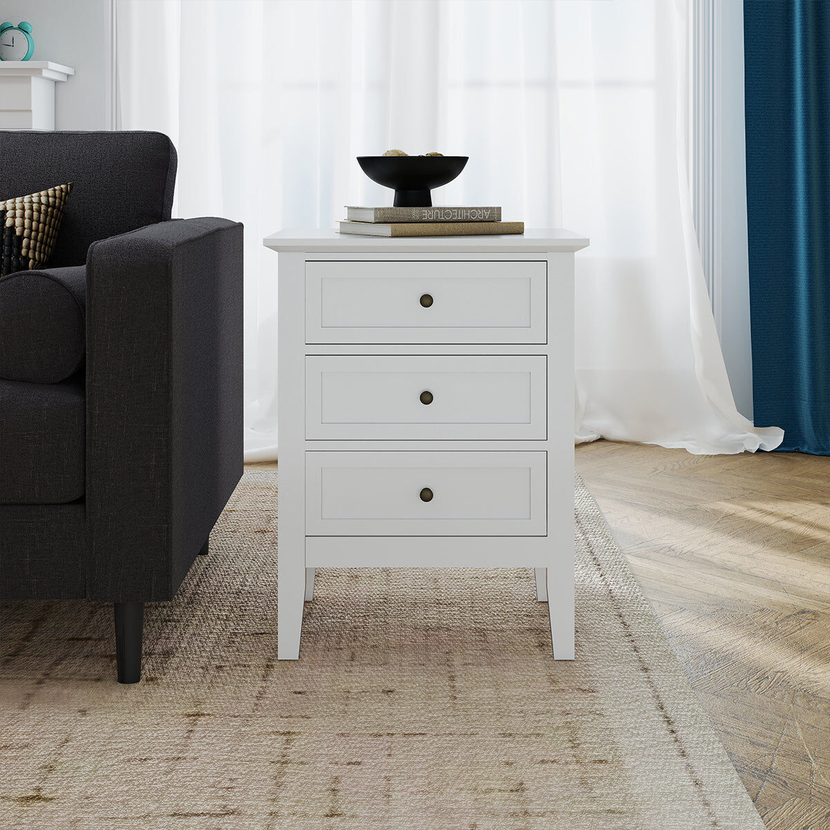 3 Drawer Bedside Table - Rowley White Range Coated MDF, Metal