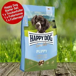Happy Dog Sensible Puppy Lamm & Reis Starter-Set inkl. Futtertonne und Futternapf