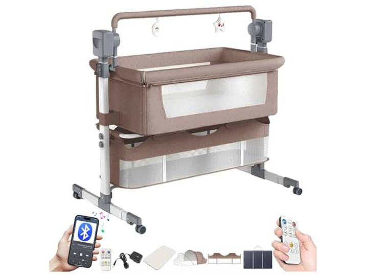 Magic ZC Elektrische Bluetooth Intelligent Beistellbett Baby mit Rollen, Convertible Faltbar Co-Sleeping Babybett, Fernbedienung, 5-schwankende Zahnräder, Stubenwagen Wiege mit Musik (601 Khaki)