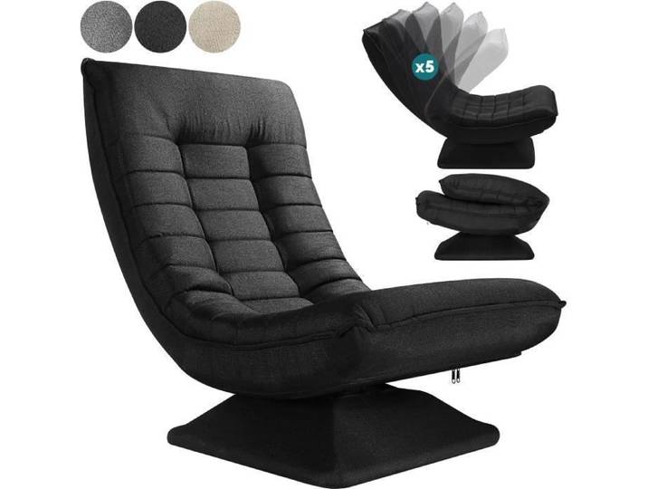 Fauteuil de relaxation CASARIA – Pivotant à 360° – Charge max. 150 kg – Siège rembourré confortable – Gaming – Noir